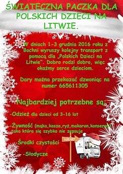 W pierwszych dniach grudnia 2016 r. wyruszył z Bochni kolejny transport z pomocą dla "Polskich Dzieci na Litwie". Nasi uczniowie, rodzice oraz nauczyciele także po raz kolejny włączyli się w zbiórkę darów dla potrzebujących Polaków. (czytaj więcej) 1