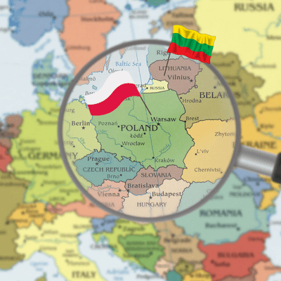 Mapa Polski z sąsiednimi państwami.