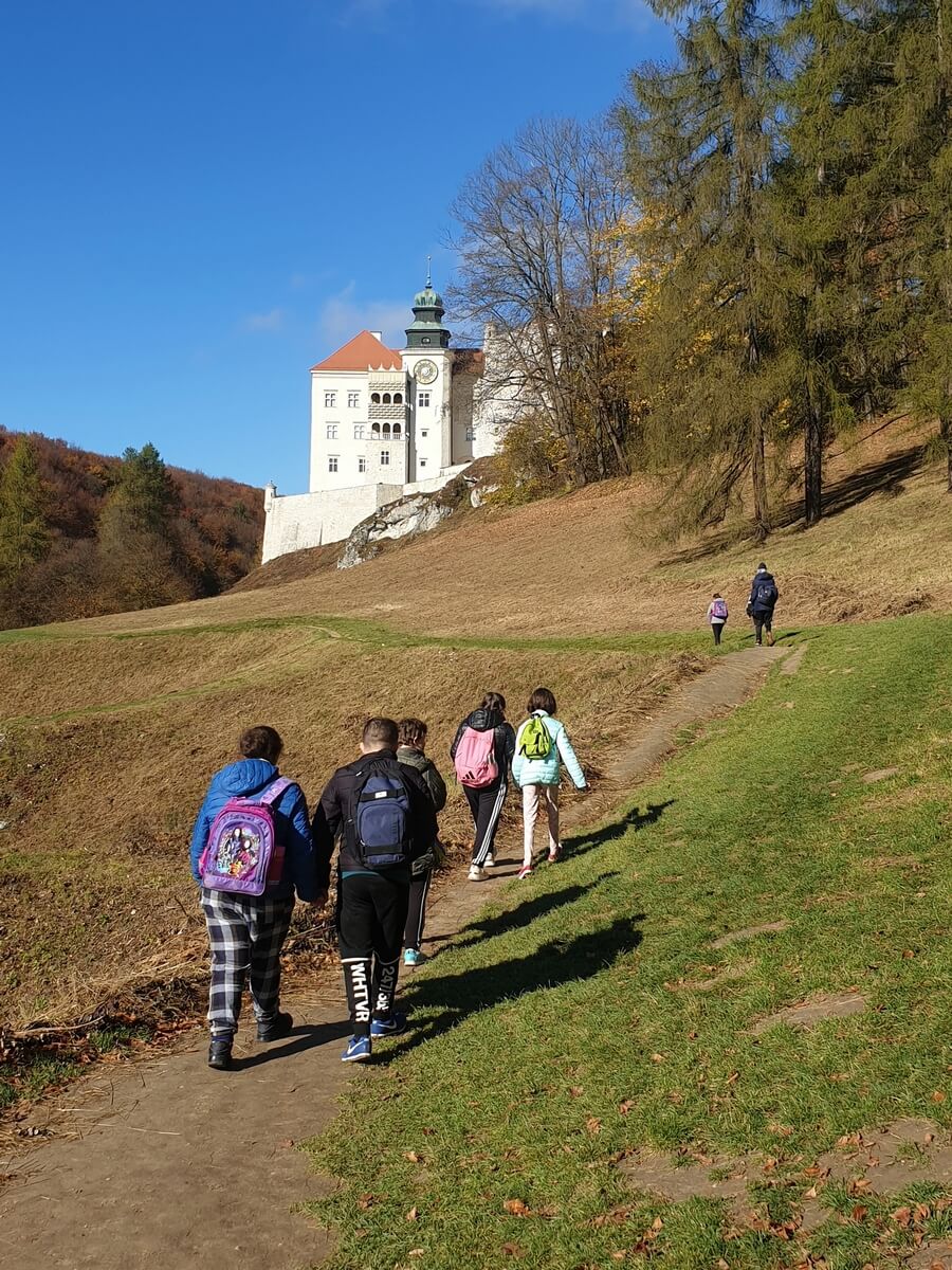 Młodzież idąca w kierunku Zamku w Pieskowej Skale.