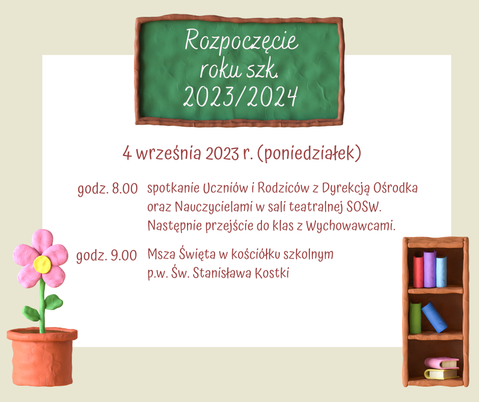 Rozpoczęcie roku szkolnego 2023/2024 w SOSW w Bochni. Godzina 8.00 spotkanie uczniów i rodziców z Dyrekcją Ośrodka oraz rodzicami w sali teatralnej. Następnie przejście z wychowawcami d klas. Godzina 9.00 Msza Święta w Kościółku Szkolnym pod wezwaniem Świętego Stanisława Kostki.