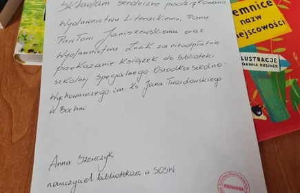 tekst podziękowania za ksiązki przekazane do bliblioteki szkolnej.